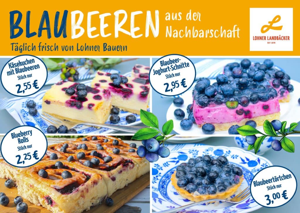 Aktuelles Angebot: Käsekuchen mit Blaubeeren kostet nur 2,55€, Blaubeer-Joghurt-Schnitte kostet nur 2,95€, Bluberry Rolls kostet nur 2,25€, Blaubeertörtchen kostet nur 3€